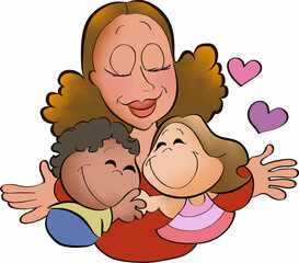 black mother hugging son and daughter