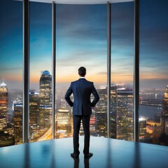 business man standing proud in front of corporate office windows looking at city skyline outside, concept of dream workplace and job satisfaction or