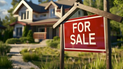Obraz premium For Sale sign in front of a house in a suburban setting