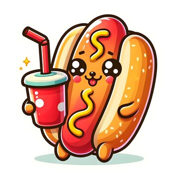 Adorable Hot Dog Character Holding Soda Cartoon Vector Illustration