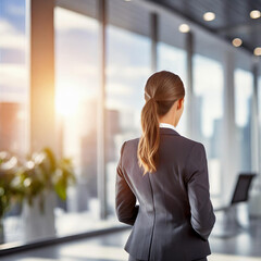 business woman standing proud in front of corporate office windows looking at city skyline outside, concept of dream workplace and job satisfaction