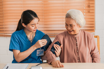 Medical health insurance service, Asian caregiver doctor examine older patient use blood pressure gauge. Young woman therapist nurse nursing home taking care to senior elderly woman