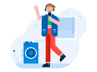 Girl singing karaoke. Hobby vector illustration.