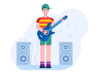 Young man playing guitar. Hobby vector illustration.
