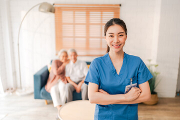 Obraz premium Health insurance service, Young Asian caregiver nurse examine senior man or woman patient at home. Attractive specialist career female support give advise and therapy consult to older elderly mature