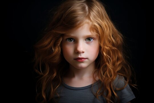 Portrait of a beautiful little girl with red hair. Studio shot.