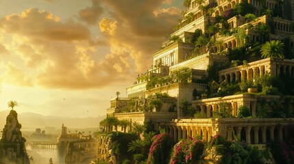 Spectacular monument of the Hanging Gardens of Babylon, with houses and vegetation on a large structure at sunset during the golden hour, with a scenic background for a wallpaper of the Seven Wonders 