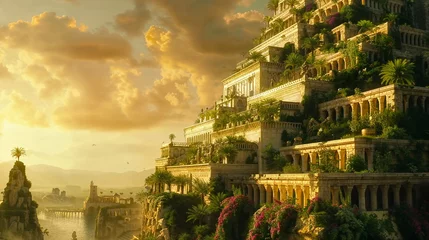 Canvas schilderij Tuin Spectacular monument of the Hanging Gardens of Babylon, with houses and vegetation on a large structure at sunset during the golden hour, with a scenic background for a wallpaper of the Seven Wonders   © Domingo