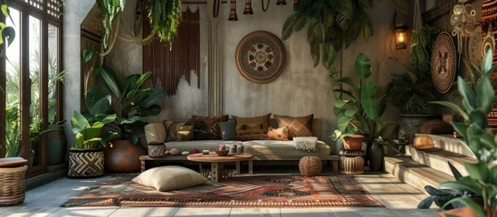 Photo sur Plexiglas Style bohème This cozy living room is filled with an abundance of green plants and an assortment of furniture, creating a boho ethnic atmosphere. The plants add a refreshing touch to the space, enhancing the