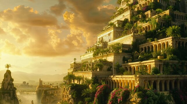 Spectacular monument of the Hanging Gardens of Babylon, with houses and vegetation on a large structure at sunset during the golden hour, with a scenic background for a wallpaper of the Seven Wonders 