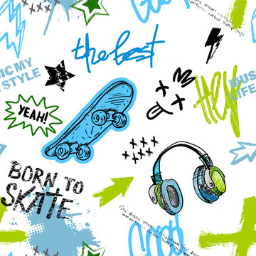 Abstract seamless grunge pattern for boy. Urban style modern background with colorful skateboards. Sport extreme style creative wallpaper for guys.