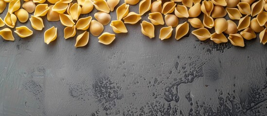 A bunch of conchiglie pasta delicately arranged on a sleek gray table surface, showcasing the texture and shape of the pasta.