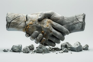 Handshake in stone crumbling into pieces - obrazy, fototapety, plakaty