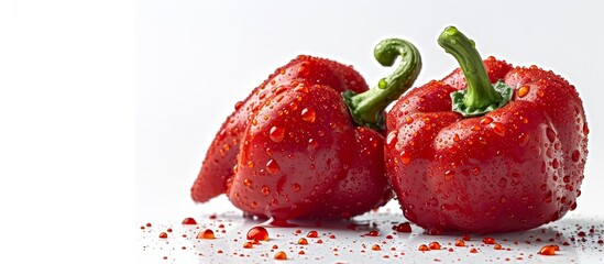 Two red peppers with green stems, a type of fruit, are placed on a white surface. These natural foods are commonly used as ingredients in various dishes. - Powered by Adobe