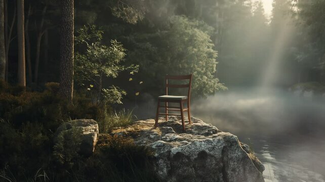 chair on a rock in the middle of a forest with a lake and butterflies