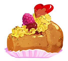 Babà al rum con crema pasticcera, lampone, cuore rosso. San Valentino. Pasticceria.Immagine. Clip art. Ricetta napoletana.
