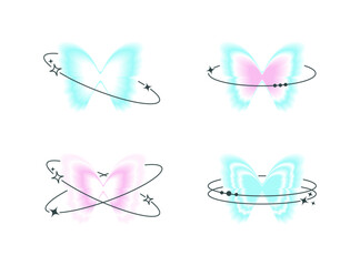 Y2K blurred gradient butterflies with aesthetic linear shapes set. Retro 2000s design elements with an aura effect.
