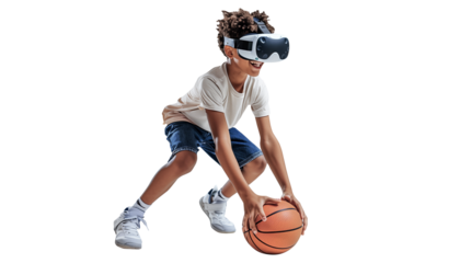 boy using a VR headset to play basketball