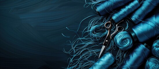 A pair of scissors rests on a pile of blue fabric, with threads woven into the background. The scene suggests a crafting or sewing project in progress.