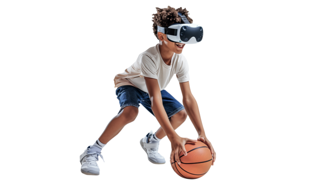 boy using a VR headset to play basketball