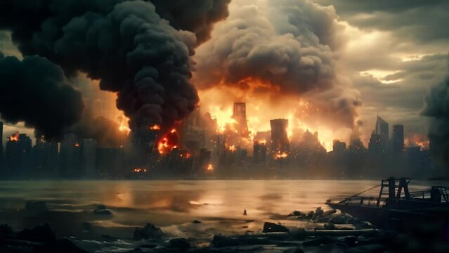 A modern city like New York by the coast of a sea or a river, bombed, with flames, fire and black smoke. War and terrorist attacks on urban area at sunset, with ruins and silhouettes of buildings