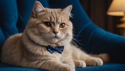Portrait of beautiful cute ginger cat with blue bow tie. Adorable feline pet sitting in a blue chair. World Day Pets. Cozy atmosphere. Cat posing at camera.  