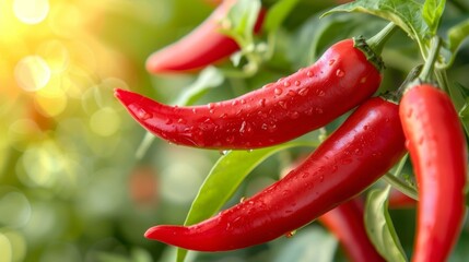 Organic agriculture  ripe red chili pepper on bush in greenhouse with copy space for text