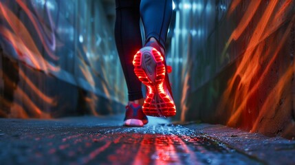 Nighttime Runner with Illuminated Shoes on Wet Surface. Generative ai