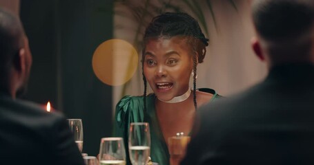 Friends, champagne and conversation at new year dinner, celebration and party with wish in night. Men, women and talking with memory, chat and alcohol with wine glass, happy or excited at gala event