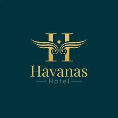 Havanas Hotel Logo Vector  Illustration. Template Design Idea Combining Inital H Letter with classic wings