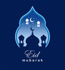 Fototapeta na wymiar Elegant blue Islamic Eid Mubarak design with frame, lantern and mosque silhouette. suitable for designs for Eid al-Fitr, Eid al-Adha, Ramadan, Muharram, Islamic days, etc