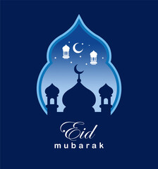 Elegant blue Islamic Eid Mubarak design with frame, lantern and mosque silhouette. suitable for designs for Eid al-Fitr, Eid al-Adha, Ramadan, Muharram, Islamic days, etc