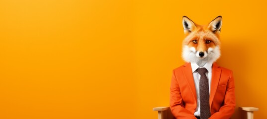 Fox in business attire pretends to work in office, studio shot on plain wall with space for text.