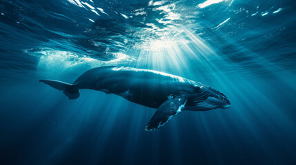 Obraz premium a cinematic photo of a whale in the deep blue sae, Whale is close to camera, beautiful Blue water, stunning sunbeams cutting through the water