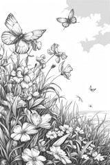 Coloring Pages of spring time with blossom flowers and butterflies