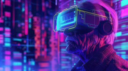 An old man wearing virtual reality glasses at a conference. Graphs and tables on monitors in the background.Neon light, banner, copy space.