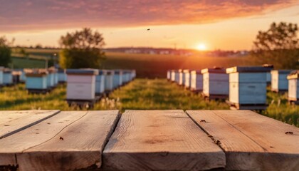 Empty wooden table top for product display. In the background, a blurred background of a small apiary at sunset
