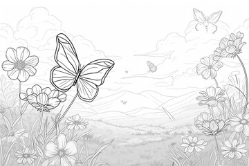 Fototapeta premium Coloring Pages of flowers with butterfly in the meadow