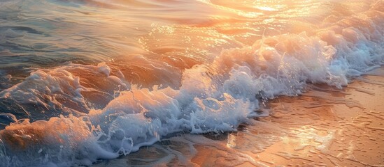 A wave is rolling into the sandy shore as the sun sets in the background, casting a warm glow over the scene. The sky is painted with hues of orange and pink, creating a serene atmosphere.