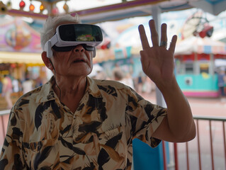 Fototapeta premium Senior man wearing virtual reality glasses and holding hand up while blindfolded