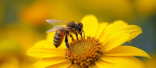 Vibrant Close-up of a Bee on a Beautiful Yellow Flower in a Spring Garden