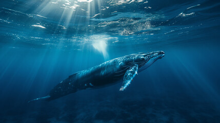 a cinematic photo of a whale in the deep blue sae, Whale is close to camera, beautiful Blue water,  stunning sunbeams cutting through the water