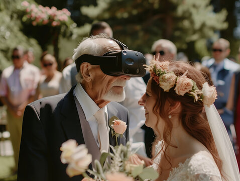 An elderly man wearing virtual reality glasses is standing next to a woman. Wedding, elderly groom and young bride.