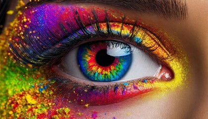 Close-up view of female eye with bright multicolored fashion makeup. Holi Indian festival of colors inspiration. Studio macro shot 