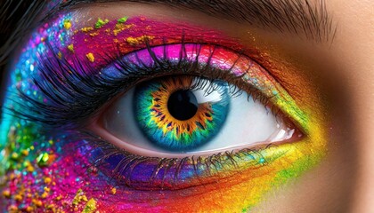 Close-up view of female eye with bright multicolored fashion makeup. Holi Indian festival of colors inspiration. Studio macro shot - obrazy, fototapety, plakaty