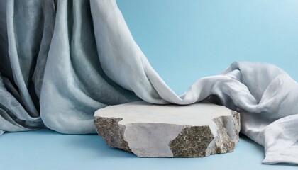 A broken stone podium displayed on a light blue background, decorated with a luxurious fabric. Empty space for cosmetic product presentation 