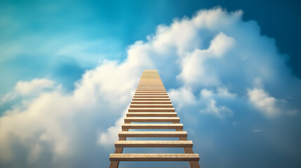 Stairs leading upwards to the sky surrounded by clouds