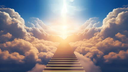 Stairs leading upwards to the sky surrounded by clouds
