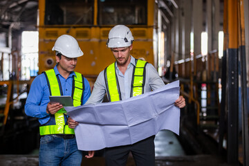 Railway technician engineer wearing safety uniform and safety helmet holding tablet and blueprint check work plan standing at site railroad station. Locomotive repairman in factory.