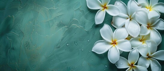 A cluster of white Frangipani flowers is scattered across a lush green surface. The delicate petals contrast beautifully against the vibrant backdrop, creating a serene and refreshing visual.